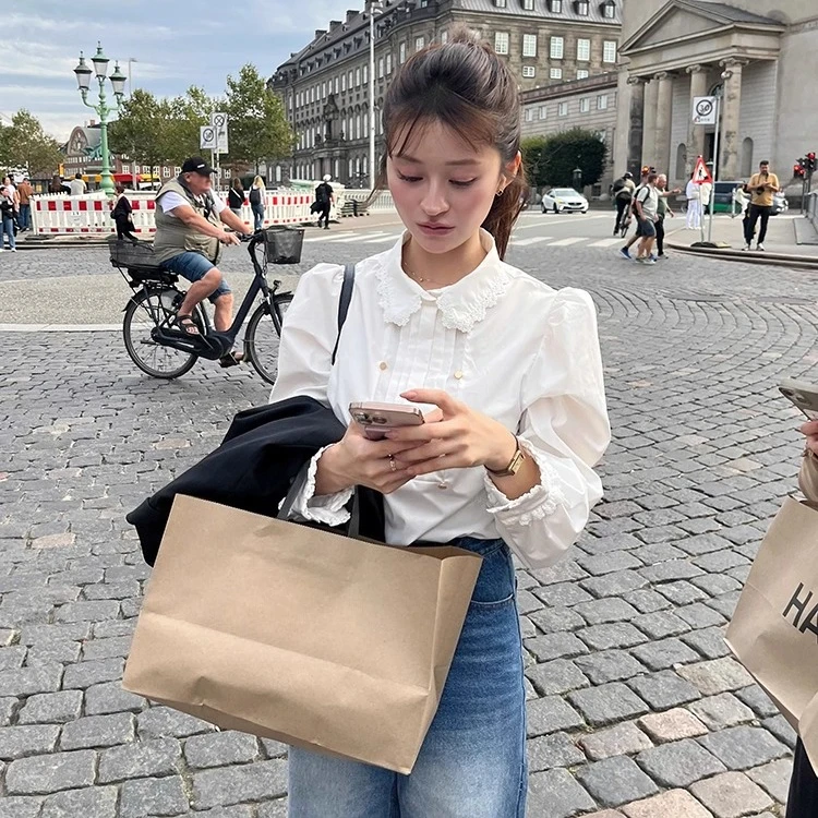 Japońska koszula w stylu sweet white z długim rękawem, na wiosnę i jesień, nowość 2025, dopasowana koszula dla dziewcząt i kobiet, codzienna, basic, casualowa bluzka.