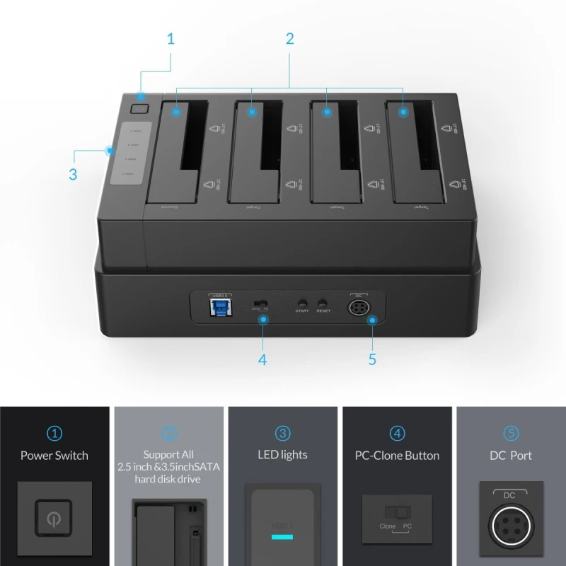 Imagem -05 - Orico-hard Drive Docking Station com Clone Offline Sata para Usb 3.0 Bay Hdd 2.5 3.5 Hdd