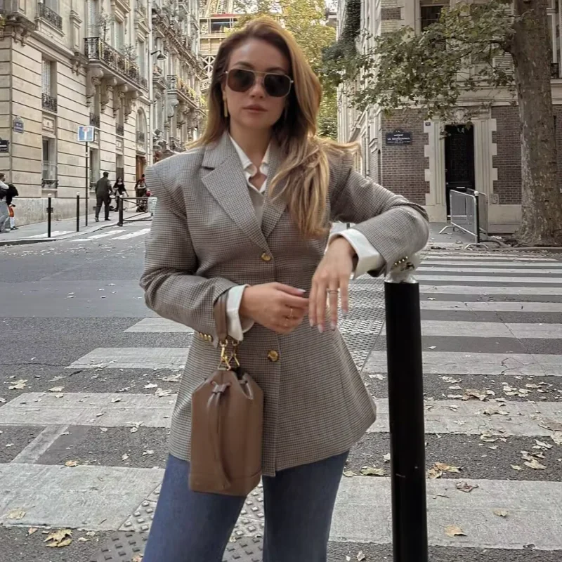 

2025 spring new European and American cross-border women's clothing fashion temperament lapel slim fit with belt plaid blazer