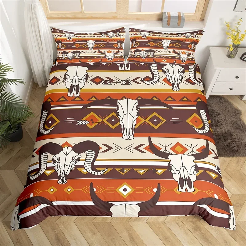 Bull Skull Duvet Cover King Western Cowboy Bedding Set Farmhouse Hat Shoes Comforter Cover Microfiber Cactua Desert Quilt Cover