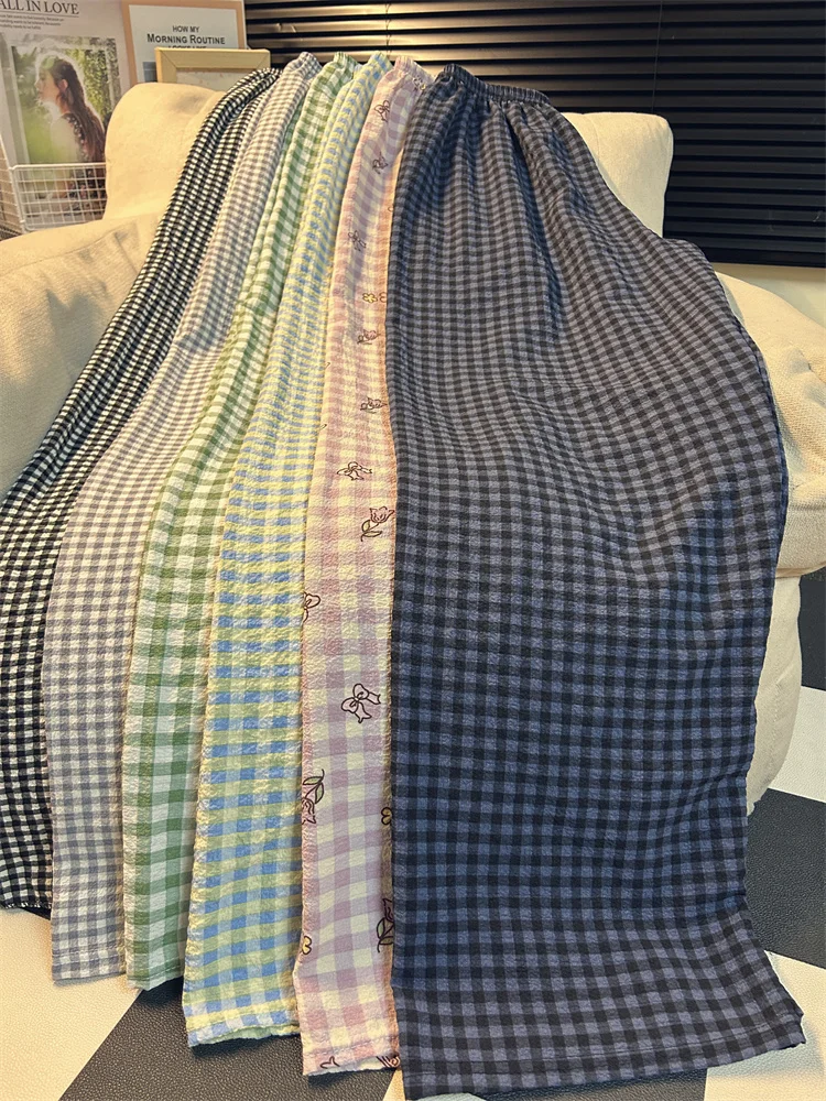 Extended Plaid Sleepwear Pants Women's Thin Casual Loose Long Home Pants Exterior Wearable Comfortable Breathable Polyester