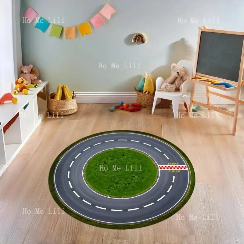 

UBN33Trackkids игровой коврик зеленая гоночная трасса Rugstart Line Racetrack Rugkids круглый ковер комната Rugracing Car Decor9Hb^