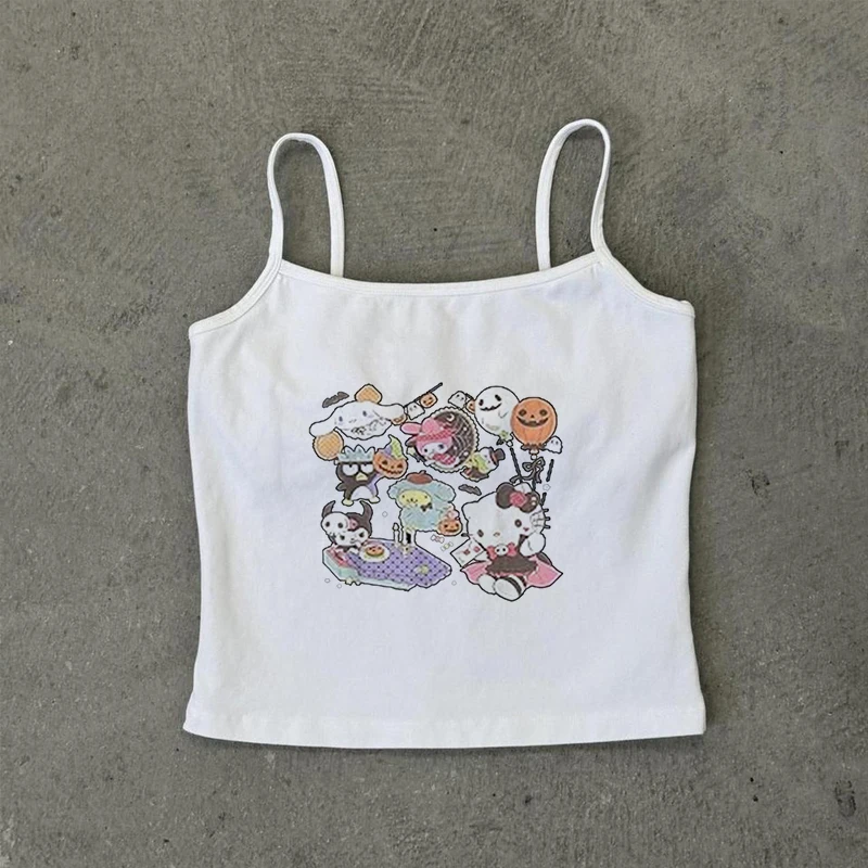 Y2k Aesthetic Hello Kitty Print Clothes Vintage Punk Gothic Camisole Baby Tee Grunge Crop Top Emo Girls Women Corset Tank Tops