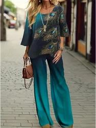 Woman 2 Piece Set Outfit Mid Sleeve Long Pants Set Women Summer Feather Print Fashion Streetwear 2000S Clothing Y2K