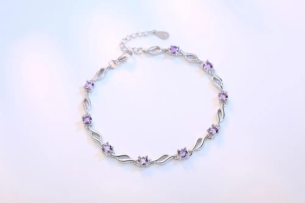 925 prata esterlina jóias pulseira de alta qualidade retro moda mulher roxo cristal quatro pinos diy pulseira comprimento 20.5cm
