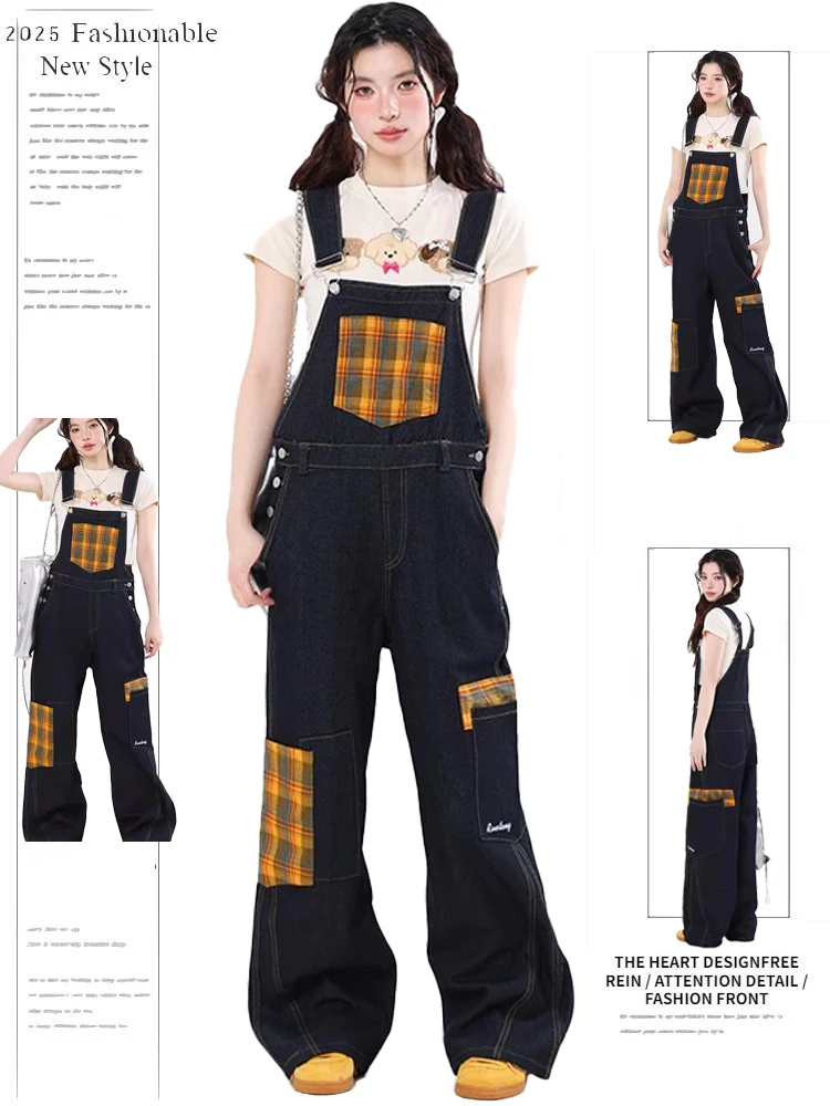 

Retro American Plaid Splicing Waed Denim Overalls Women's Spring Autumn Loose Straight Leg One-Piece Long Pants