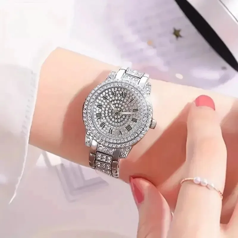 2pcs Women\'s Fashion Trend Star Digital Roman Full Diamond Steel Band Quartz Watch Luxury Luxury Love Rhinestone Bracelet Set