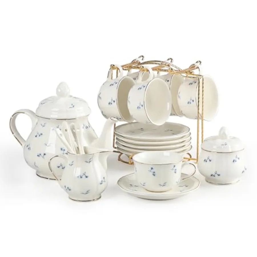 

Sweejar 23 Pcs Floral Tea Sets with Metal Holder, Relief Gold Rim Porcelain Tea Sets for Adults, Cup and Saucer Set for 6, with