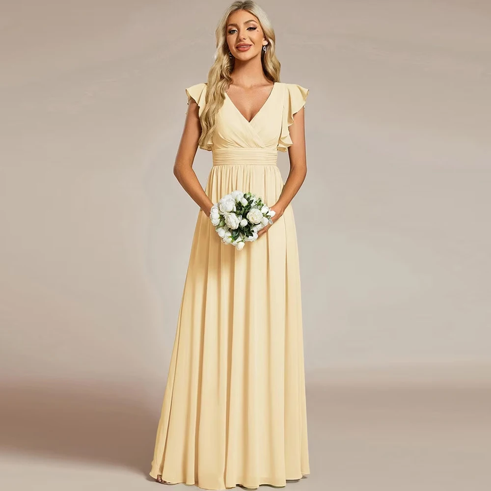 BAZIIINGAAA Party Dress Elegant V-Neck Open Back Ruffled Sleeves Chiffon Bridesmaid Dress Evening dress