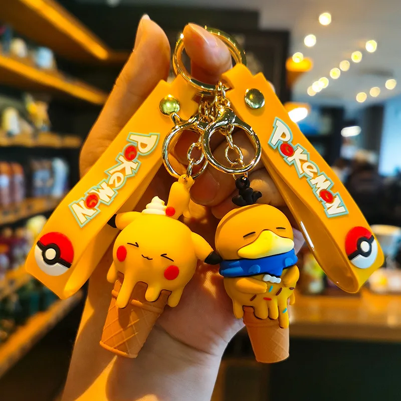 Pikachu Keychain Pokemon Silicone Doll Cartoon Ice Cream Cone Series Psyduck Bulbasaur Pendant Car Bag Hanging Ornaments