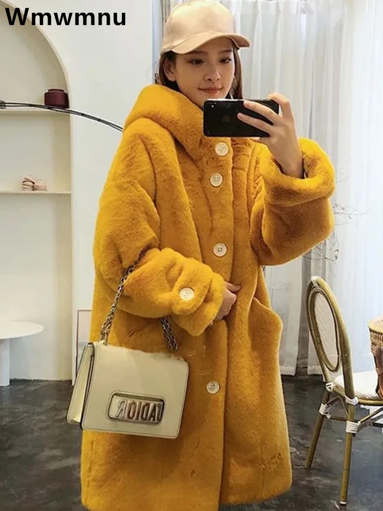 Winter Hooded Mid Length Faux Fur Coats Women Casual Loose Thicken  Imitation Rabbit Plush Overcoats Warm Fluffy Parkas Jackets