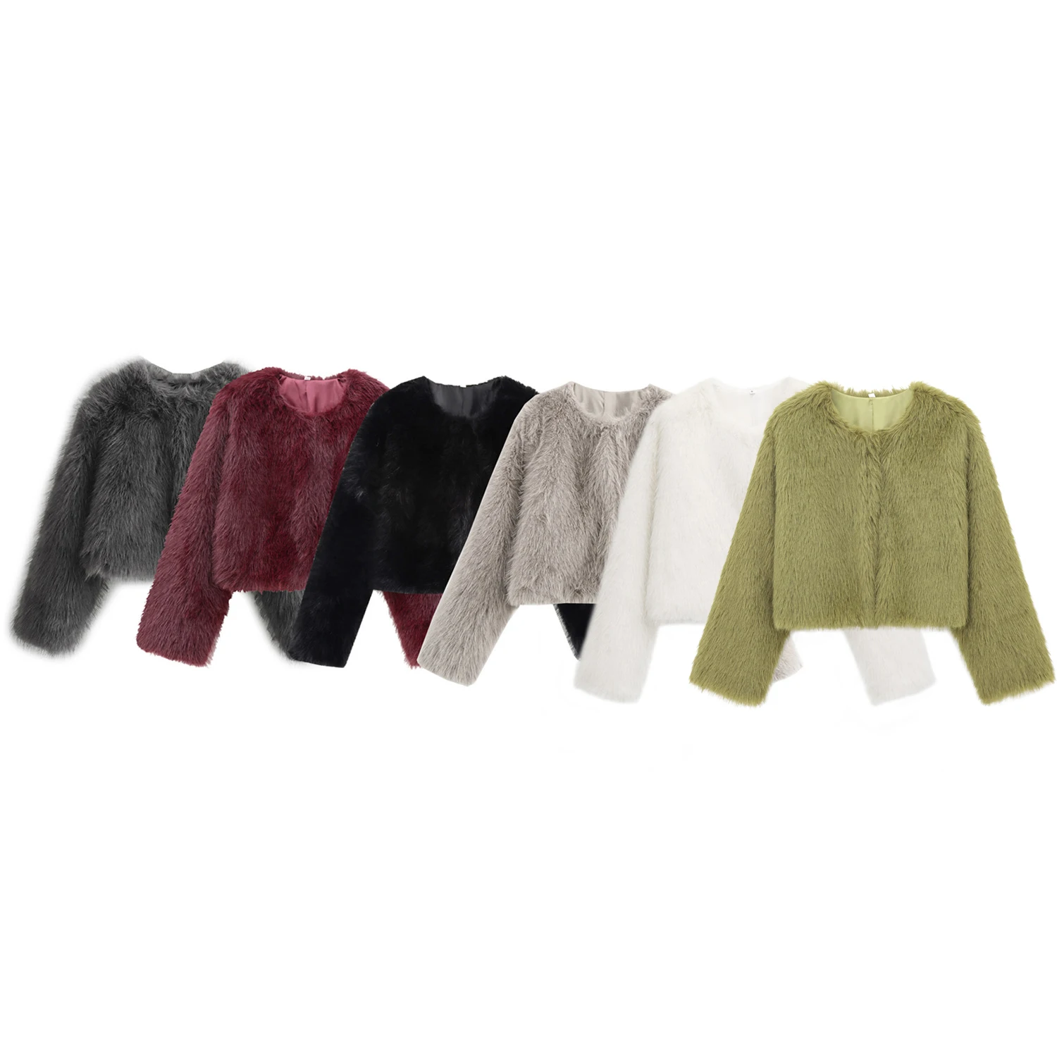 

BWQ Artificial fur coat fall and winter new fashion women's artificial fur effect round neck long sleeve short jacket 2025