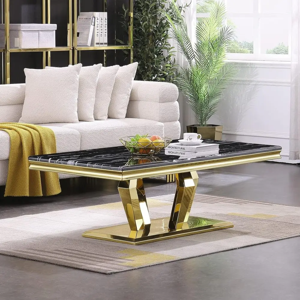 

Polished Gold 48 Coffee Table with Geometric Base for Living, Home, or Office
