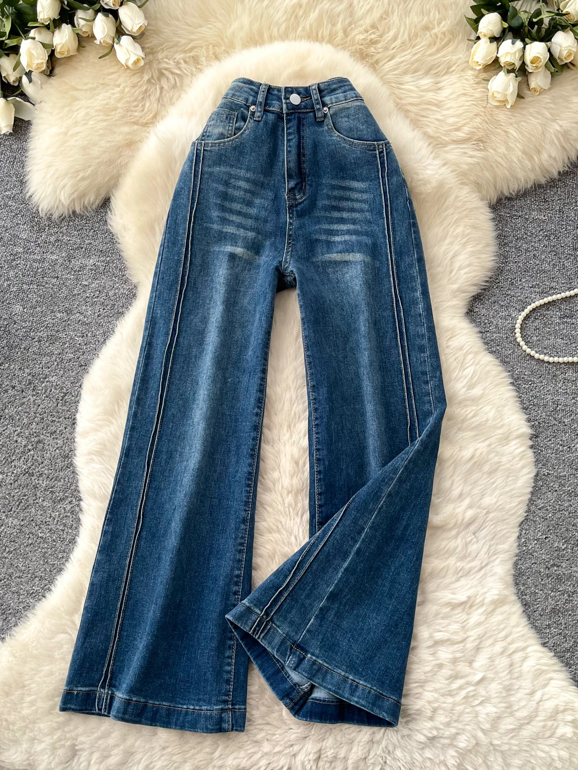 

Джинсы с высокой талией в американском стиле, широкие, свободные, повседневные, прямые, весенние, женские, универсальные, глубокого цвета, с эффектом похудения