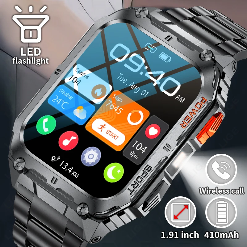 

LIGE 2025 New 1.91" Ultra HD Bluetooth Call Smart Watch Men Heart Rate 410mAh Battery Waterproof Watches Flashlight Smartwatch