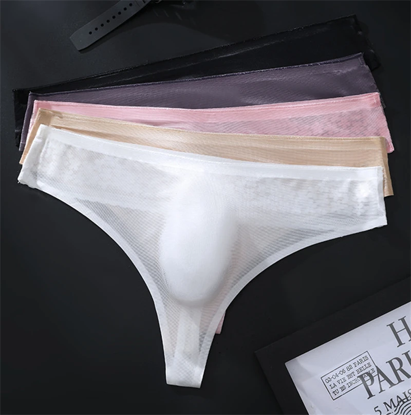 Men's underwear Seamless string homme ice silk lace tangas hombres thongs 3D space sex toy adults 18 plus size mens lingеrie