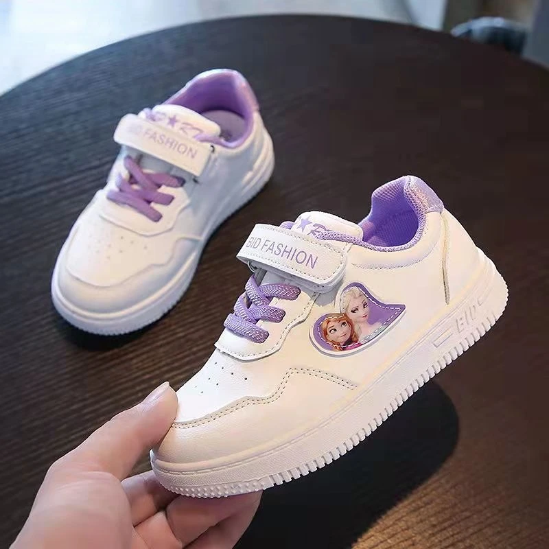 Disney Children\'s Casual Shoes White Frozen Priness Elsa Anna Flats Purple Pink Light Running Soft Soles Fashion Brand Shoes