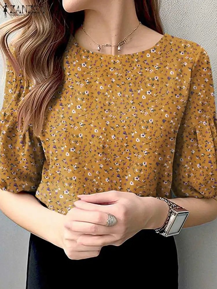 

ZANZEA Summer Elegant Casual Holiday Shirt Women Half Sleeve Floral Print Blouse O Neck Blusas Bohemain Stylish Work Tops Tunic