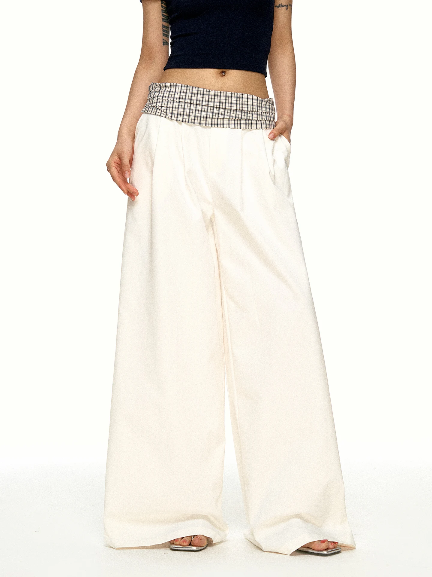 Aaisup American Retro Plaid Splicing Wide Leg Pants Women Summer Design Loose Slimming Casual Long Pants High Waist Checkered