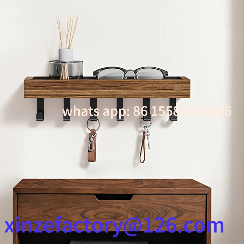 

Customizable rustic wooden key rack with 6 hooks, storage tray, easy installation, wall-mounted finishing rack,