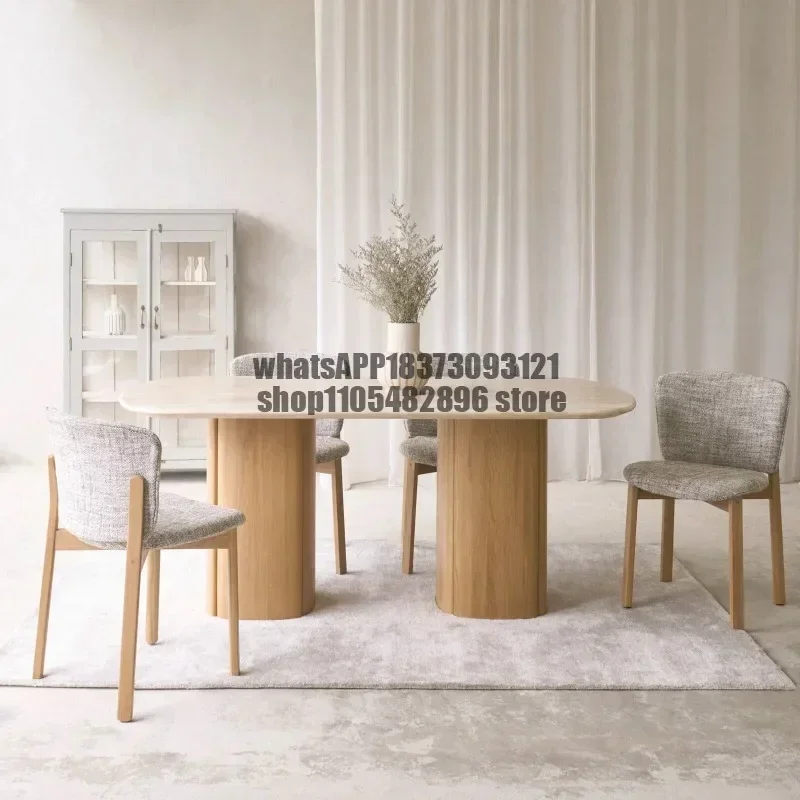 Natural marble dining table rectangular designer travertine light luxury high-end solid wood table legs eating table