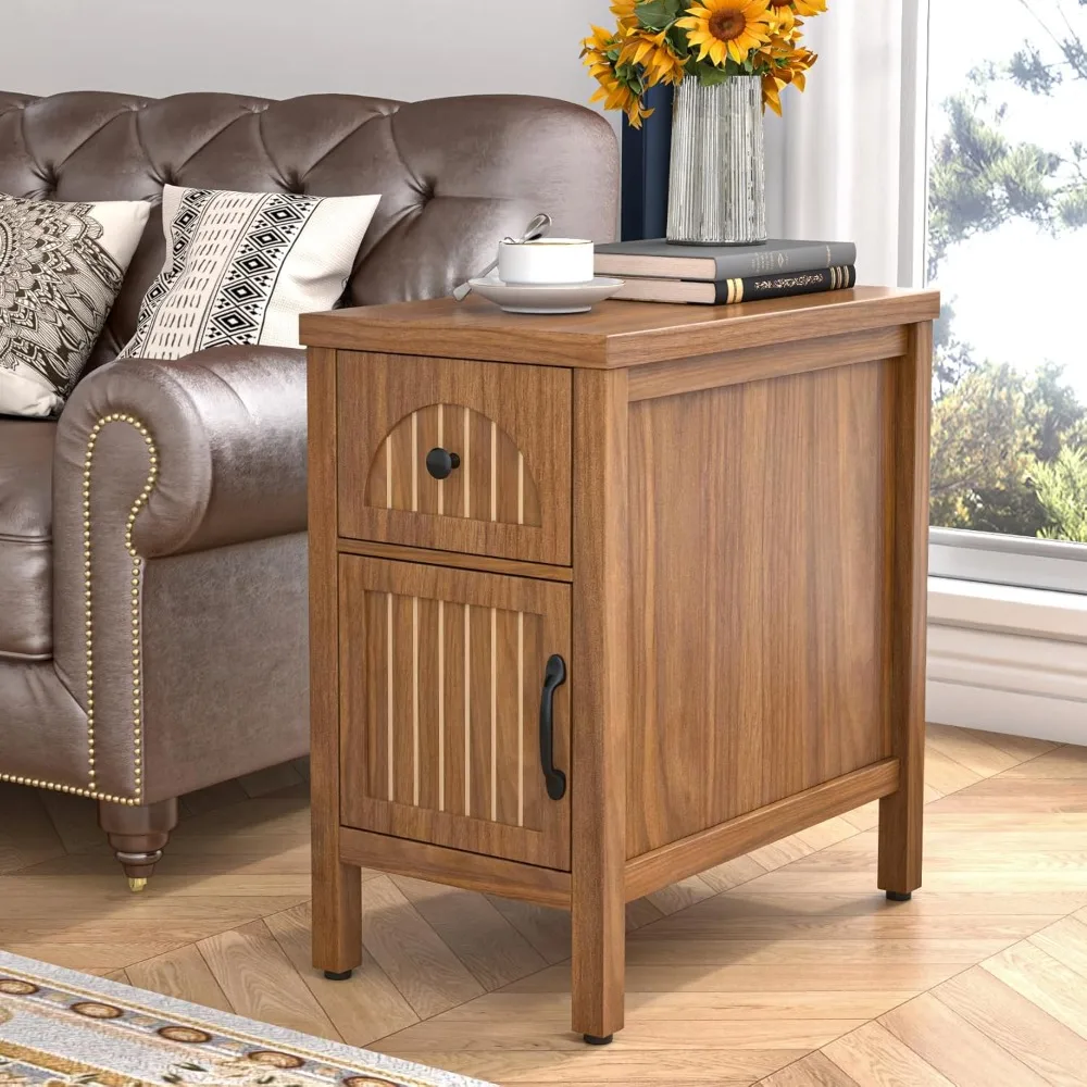 Small Side Table, Wood Narrow End Table with Door, Fluted Side Table, Small Bedside Table with Drawer,Bedroom, Walnut