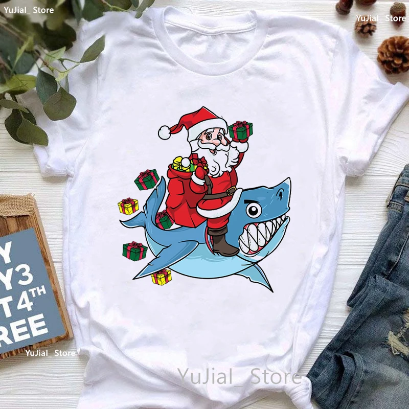 

Santa Claus Rides A Dolphin Print T Shirt Girls White Casual Christmas Gift Tshirt Femme Fashion Short Sleeve Female T-Shirt