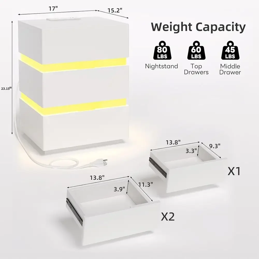 Dual-Tone White Nightstands with Charging Ports, LED Lights, and USB Outlets