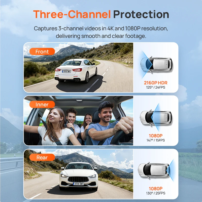 4K T800E 3-Channel Dash Cam Front Rear Interior 3-in-1 Voice Control 24H Parking Supercapacitor GPS 4K Car DVR 70mai T800E