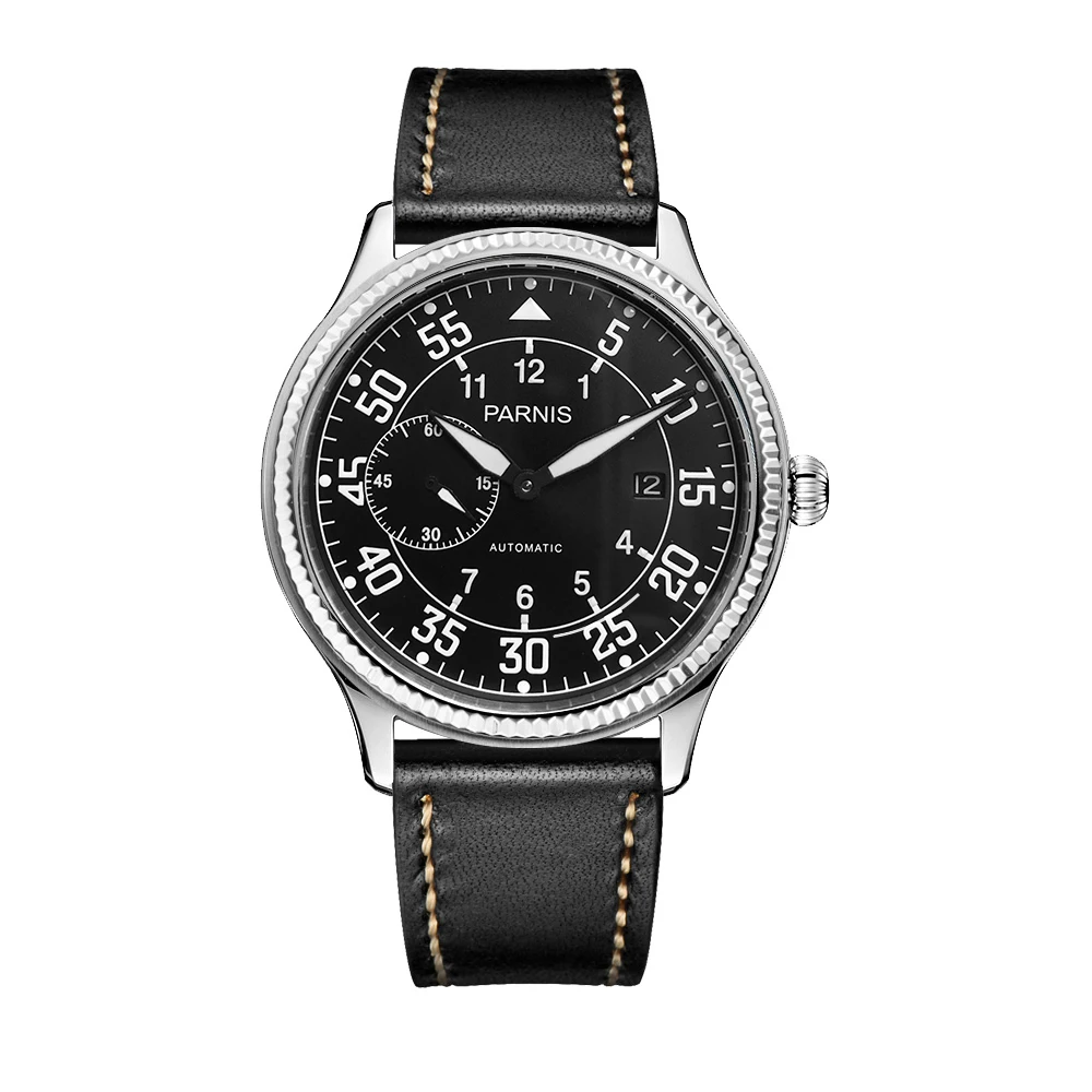 Fashion Parnis 45mm Black Dial Automatic Watch Man Power Reserve Mechanical Watches Leather Waterproof Watch Men relojes Hombre