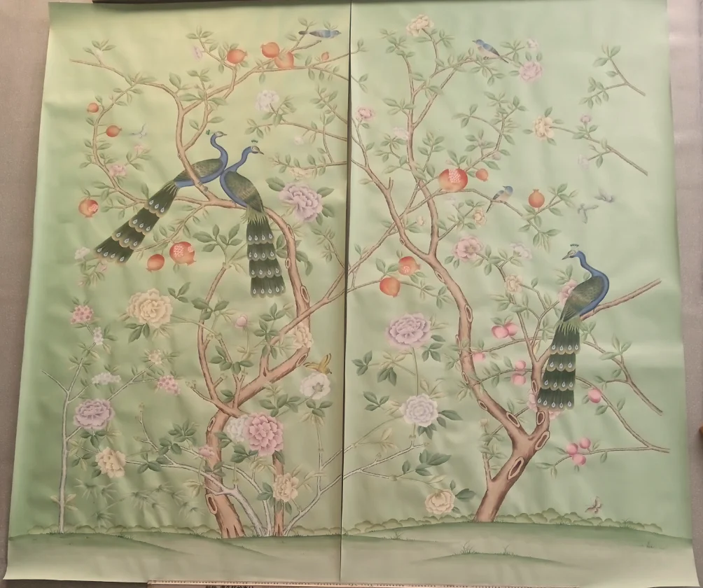 Custom Hand-Made wallpapers silk Hand-Painted  peacocks For Villa/Apartment/Living room/bedroom/diningroom/Sofa/TV wallcovering