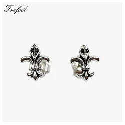 Ear Studs Fleur-de-lis Lily 925 Sterling Silver Brand New Fine Jewelry For Women Men  Rebel Street Unisex Vintage Bijoux Gift