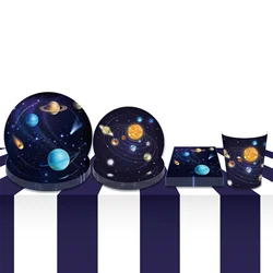 Cartoon Cosmic Space Planet Disposable Tableware Sets Kids Birthday Plates Paper Napkins Cups Baby Shower Party Table Decoration