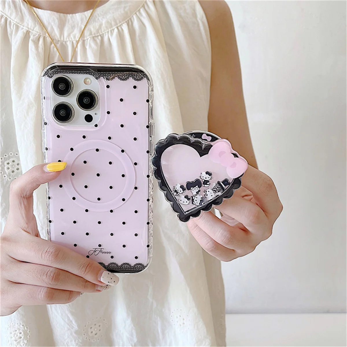 

Korean Cute Polka Dot Magnetic Phone Case For iPhone 17 Pro 15 16 14 Pro Max Cover with Love Hellokitty Stand Cartoon Cases