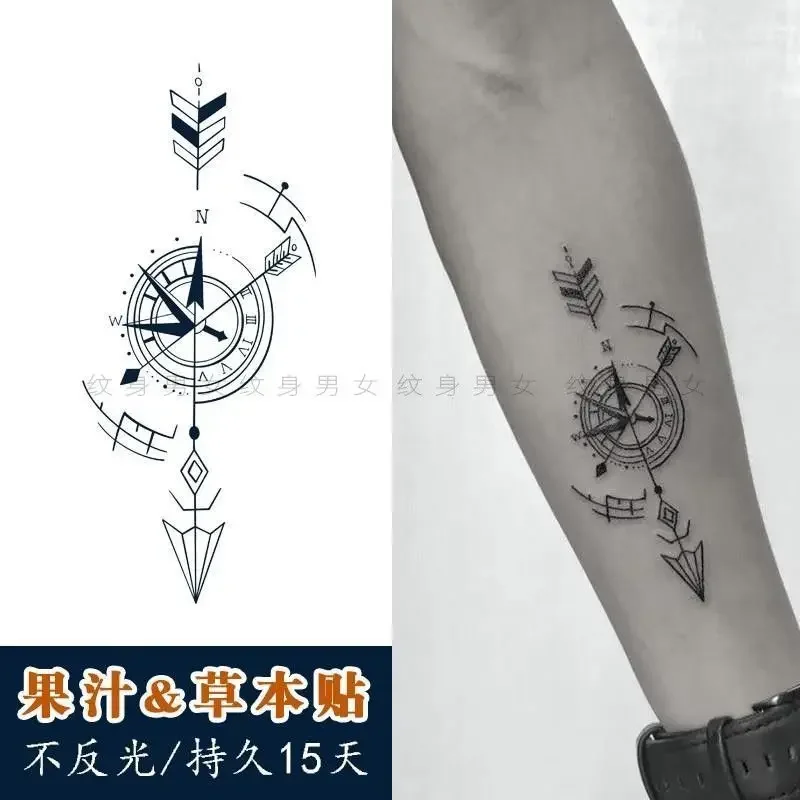 Tatuajes temporales a base de hierbas para mujeres y hombres, tatuaje falso de brújula de brazo y muslo, arte Punk impermeable, tatuaje de flecha, pegatinas duraderas para Festival