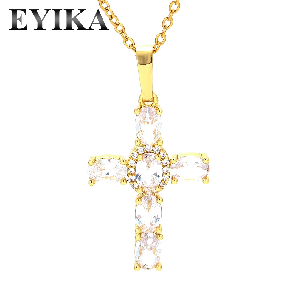 

EYIKA Gold Plated Copper Cross Pendant Necklace Pave Shiny Oval Cubic Zircon for Women Men Hip Hop Choker Religion Jewelry Gift