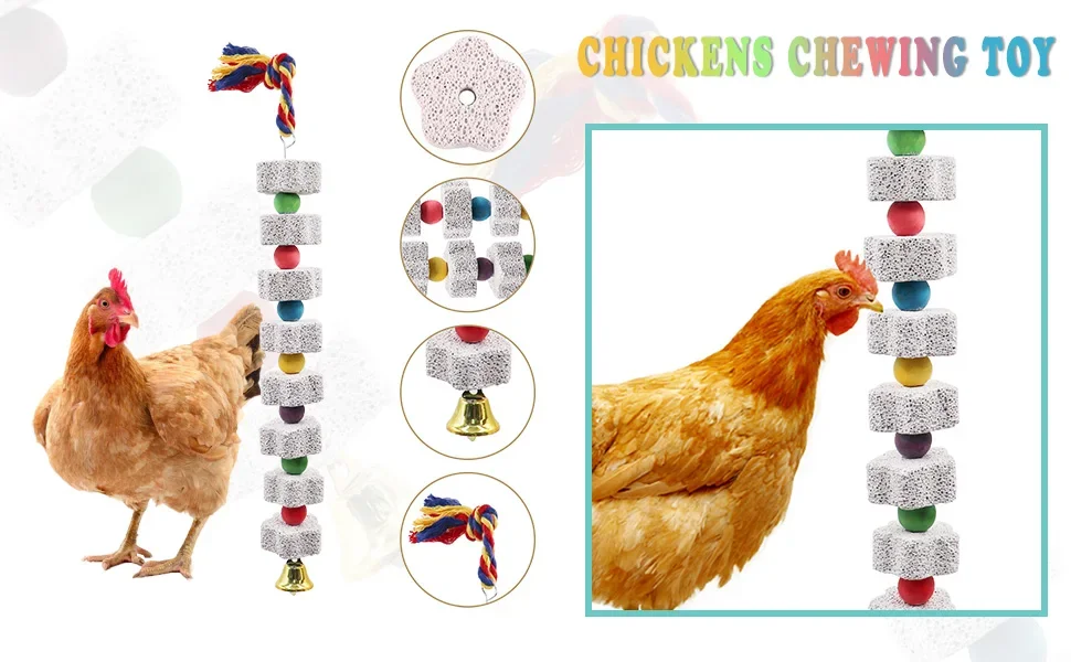 2 Pack Chicken Chewing Toy with Bells Beak Grinding Stone for Parrot Budgies Hamster Rabbit