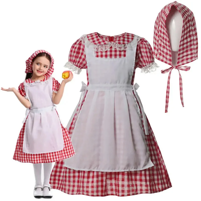 MUABABY Girls Colonial Dress Prairie Pilgrim Child Dresses Festival National Costumes Outfits Pioneer Carnival Clothes