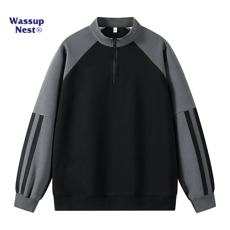 

Весенне-осенний новый мужской свитер с воротником-стойкой, на молнии до середины, с боковыми полосками, свободного кроя, повседневный