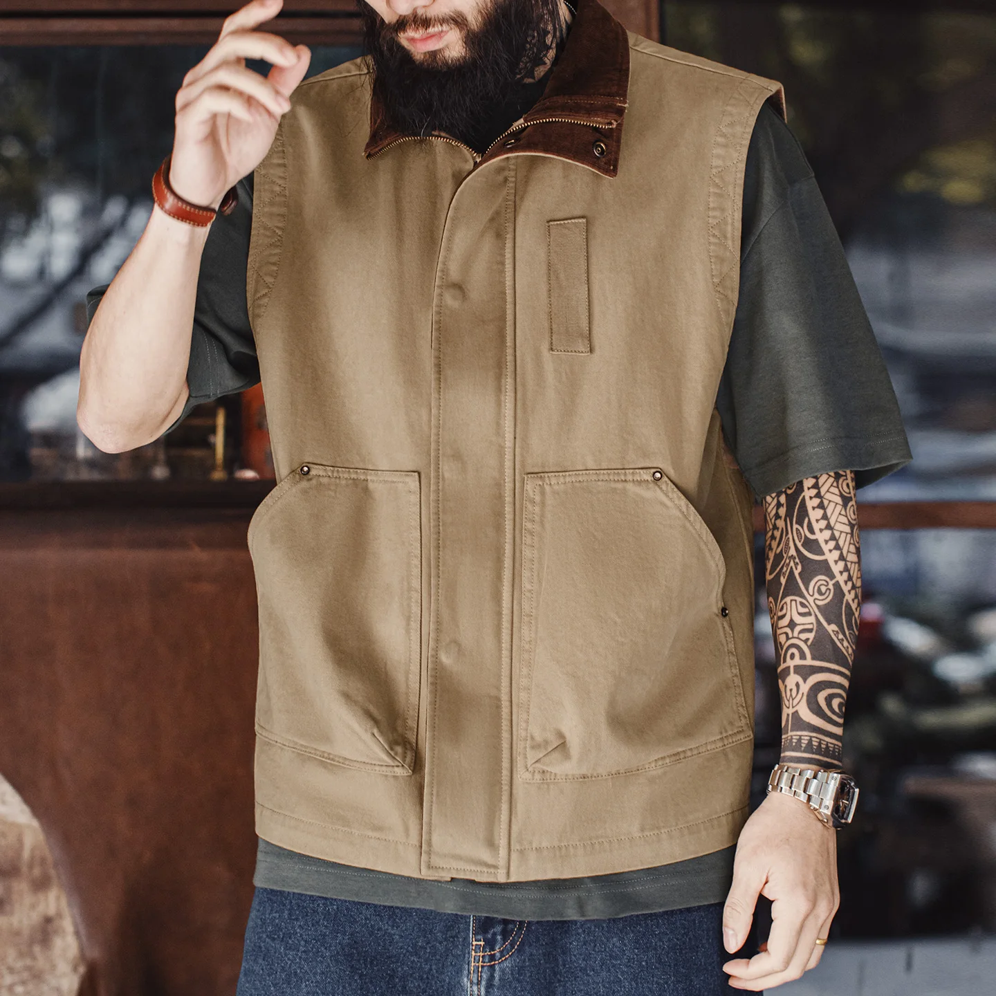 

Мужской жилет Maden в стиле сафари, винтажный хлопковый жилет с вельветовым воротником, рабочая одежда, повседневная уличная безрукавка для весны