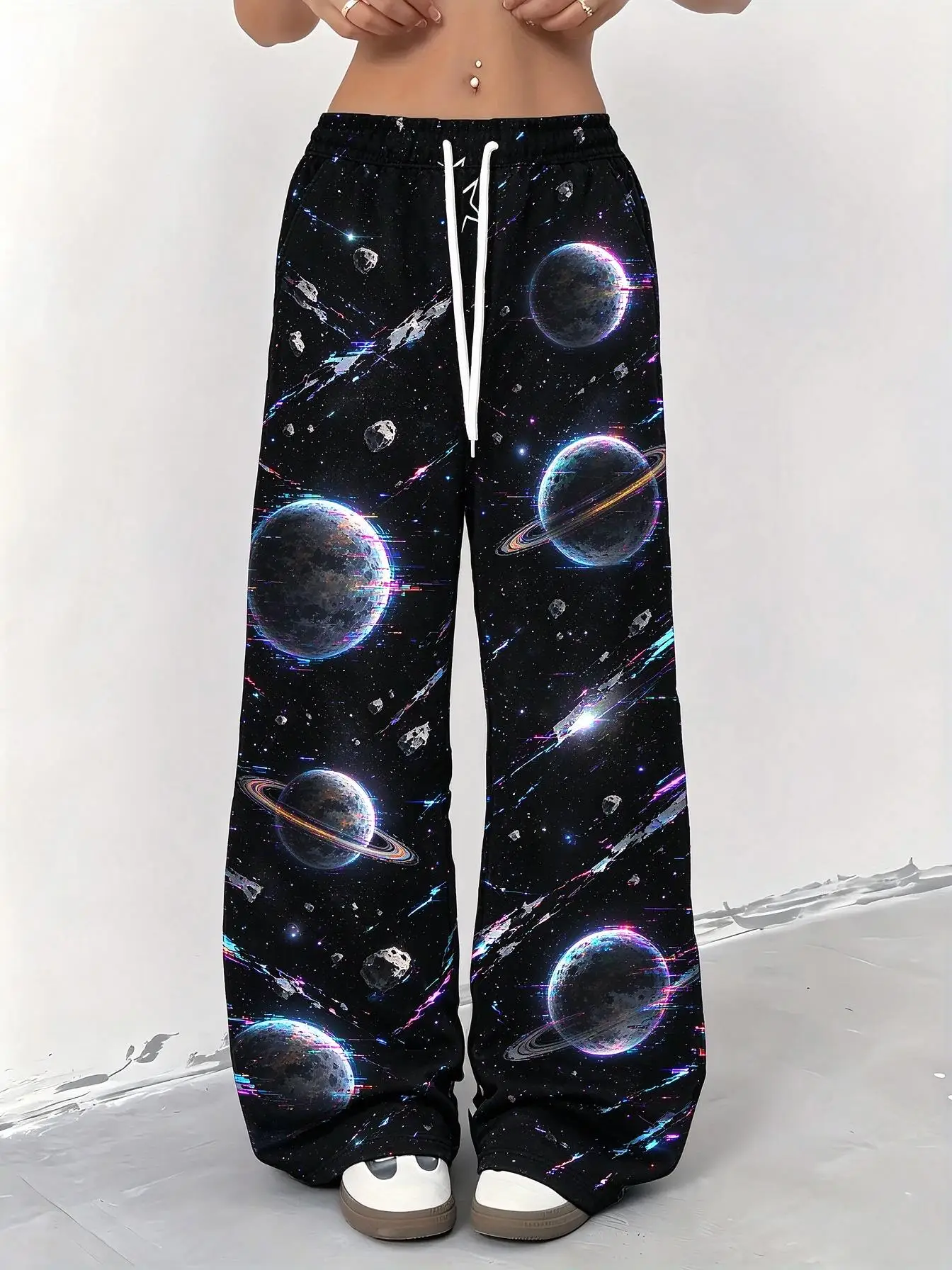 Hip Hop Ladies Low Rise Wide Leg Sweatpants Cosmic Planet Racing Car Flag Allover Print Loose Daily Casual Pants
