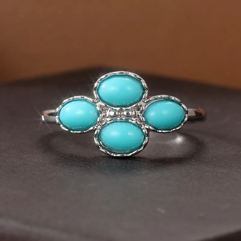 Vintage Silberfarbener Ring mit Eingelegtem Imitiertem Türkis für Damen Geometrischer Alltags- und Partyschmuck – Detail 4