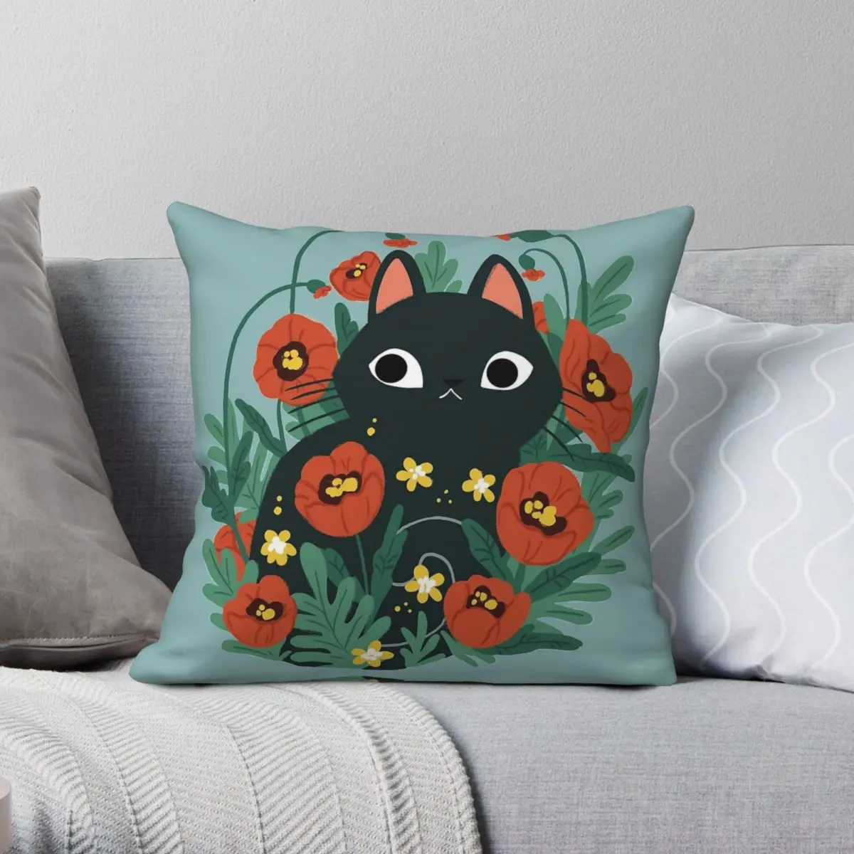 Cat In Poppy Flowers Square Pillowcase Polyester Linen Velvet Pattern Zip Decor Pillow Case Sofa Cushion Case 18