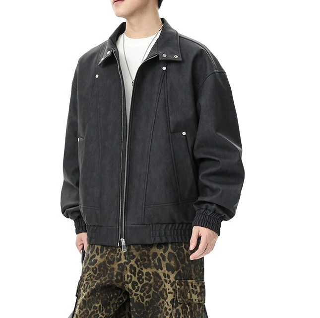 Vintage Lapel Leather Jacket Men's 2026 New Spring and Autumn Loose Tooling Pu Leather Jacket
