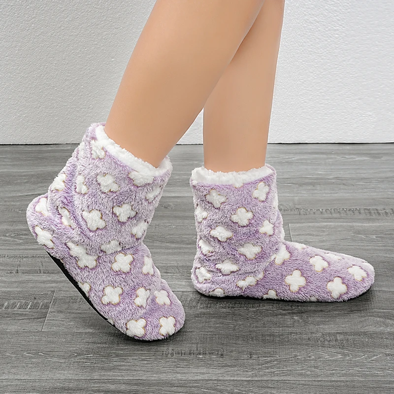 Women Christmas winter home boots Flannel Shell Printed Flower Cotton Boots Winter Home Warm Floor Shoes