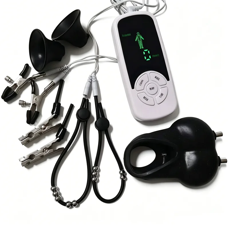 Male Cock Cage Silicone Penis Rings Testis Massage 6 Modes Electric Shock Metal Nipples Clips Breast Pumps Sex Toys for Men