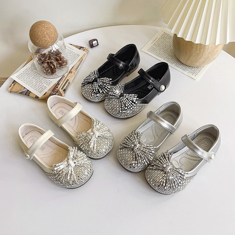 Children's Leather Shoes with Rhinestone Bowknot Fashionable Round Toe And Shallow Mouth Elegant Non-Slip Mary Jane Shoes 26-36