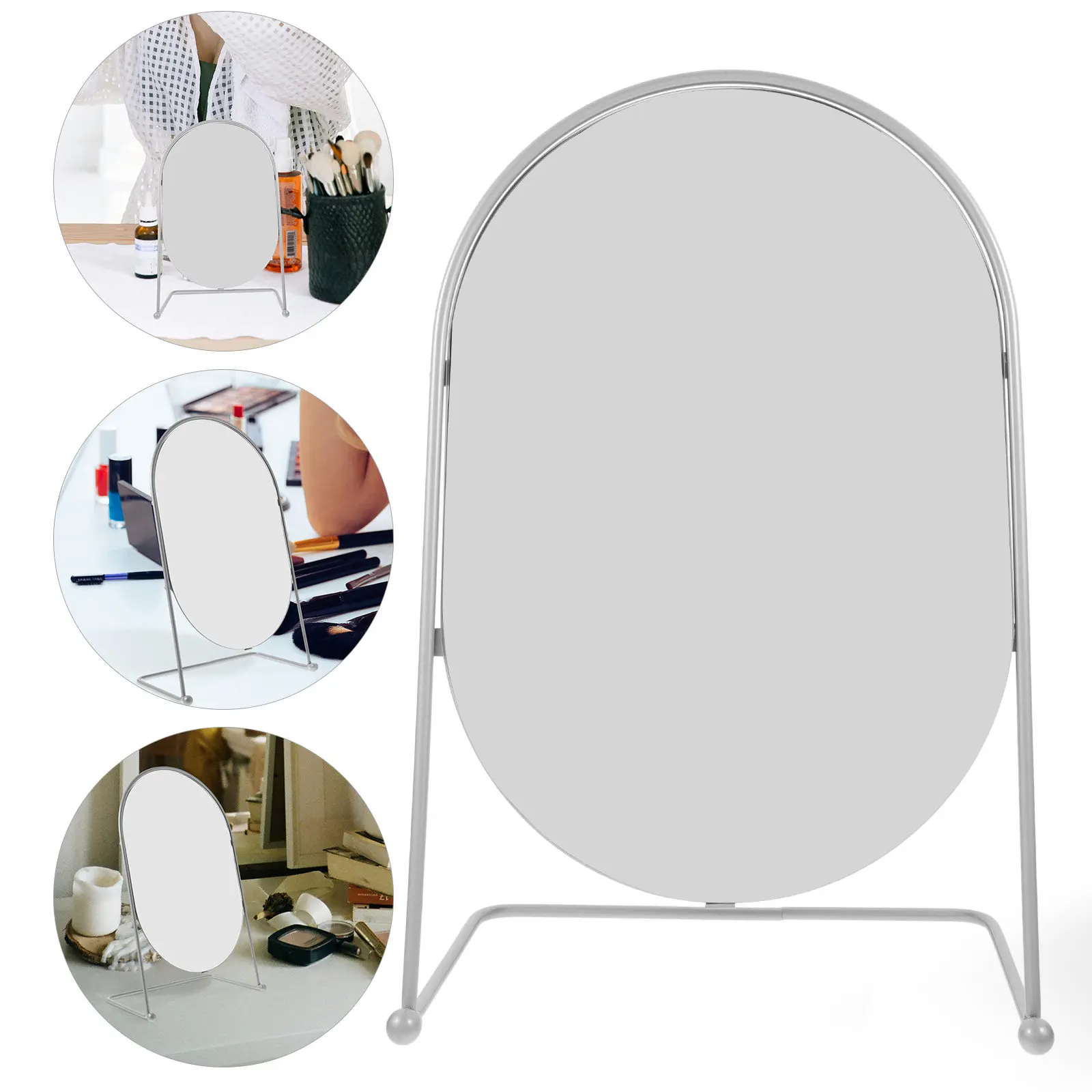 

Oval High Definition Mirror Silver Metal Frame Desk Mirror Stand for Bedroom Table Dressing Table Stand