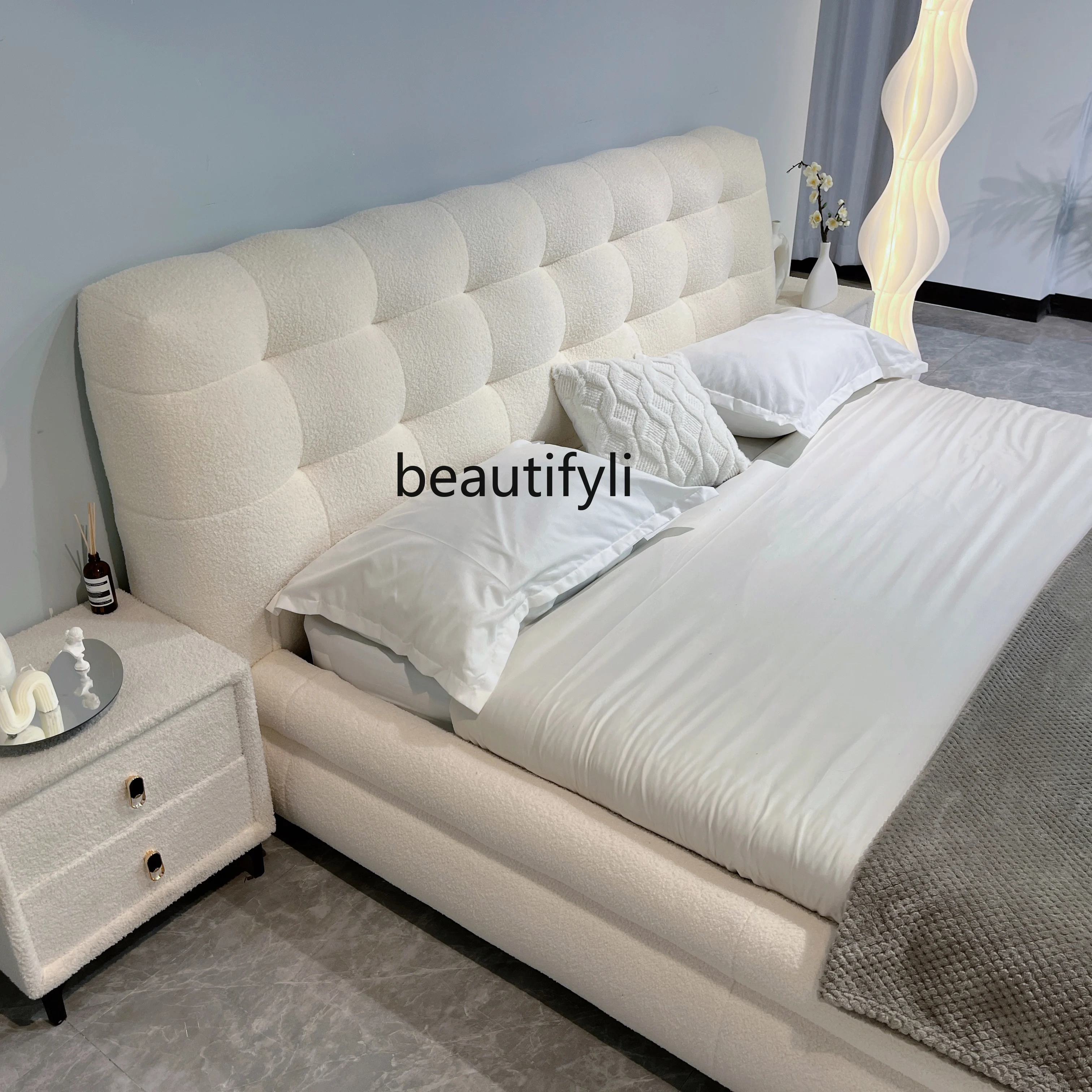 French Cotton Candy Fabric Bed Cream Style Lambswool Modern Minimalist Floor Bed in Master Bedroom Double Bed