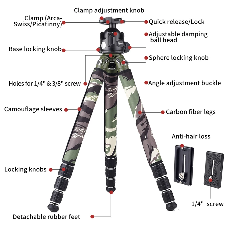 XILETU Carbon Fiber Hunting Rifle Tripod with  Quick Release Ball Head Compatible with Arca Swiss & Picatinny  & Cameras